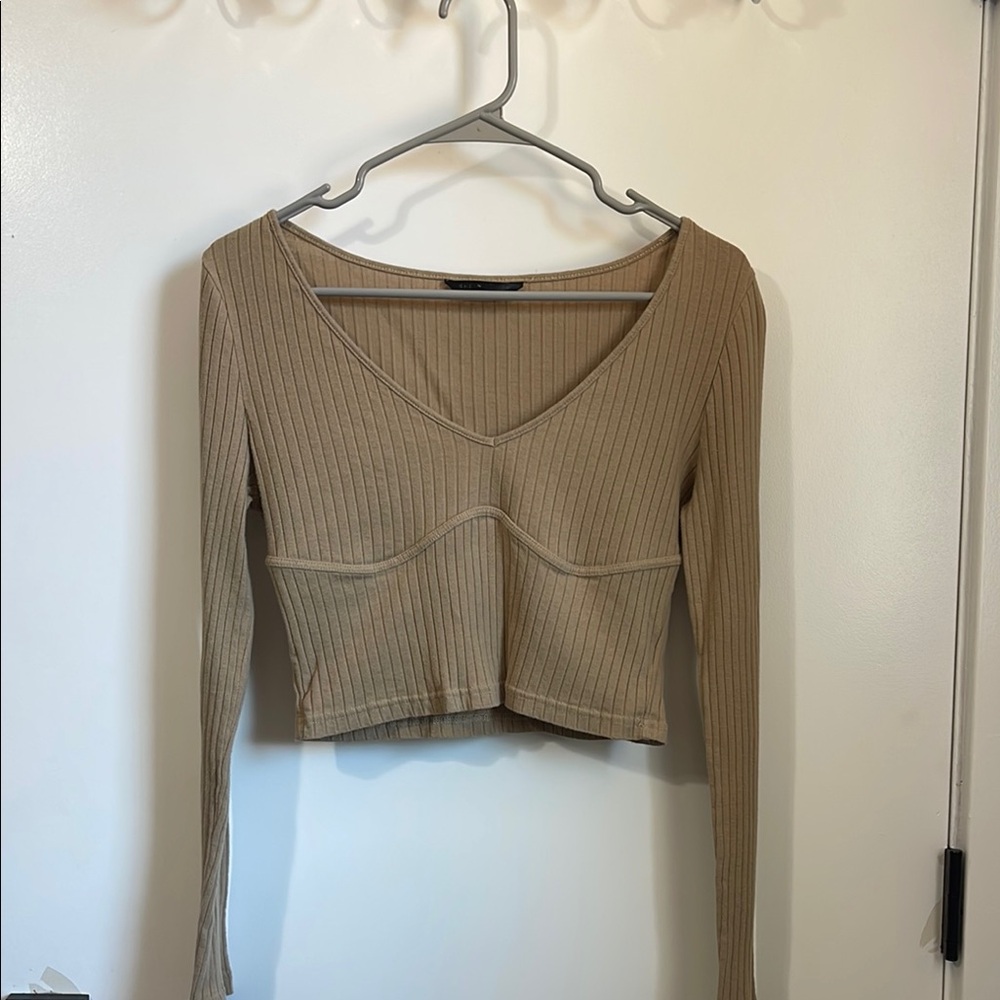 SHEIN Tan Ribbed Long Sleeve Crop Blouse